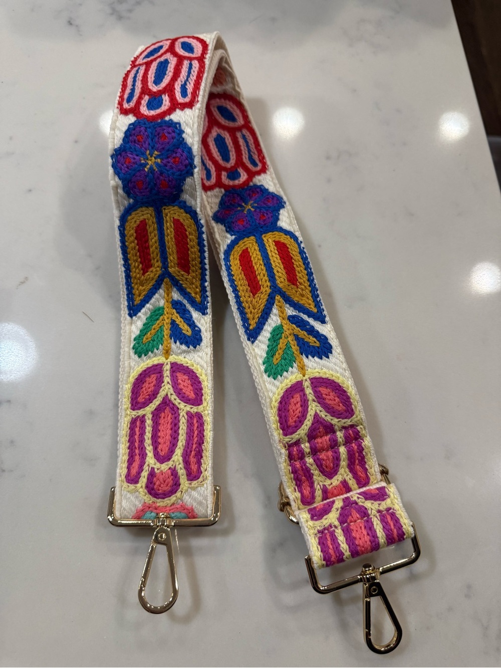 Embroidered Floral Adjustable Bag Strap - White with Pink & Blue